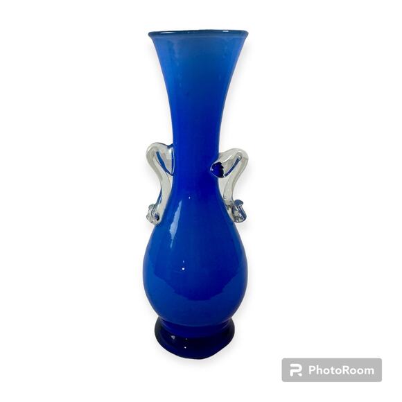 VTG Cobalt Blue Blown Glass 6" Tall Bud Vase With Clear Handles Decor Modern - Picture 1 of 7